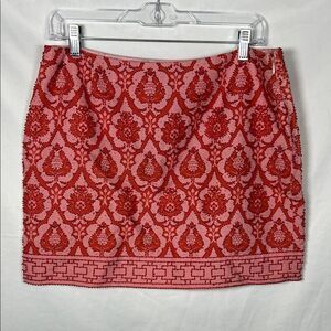 SilkLand Pink and Red Patterned Beaded Mini Skirt Silk and Linen size 10